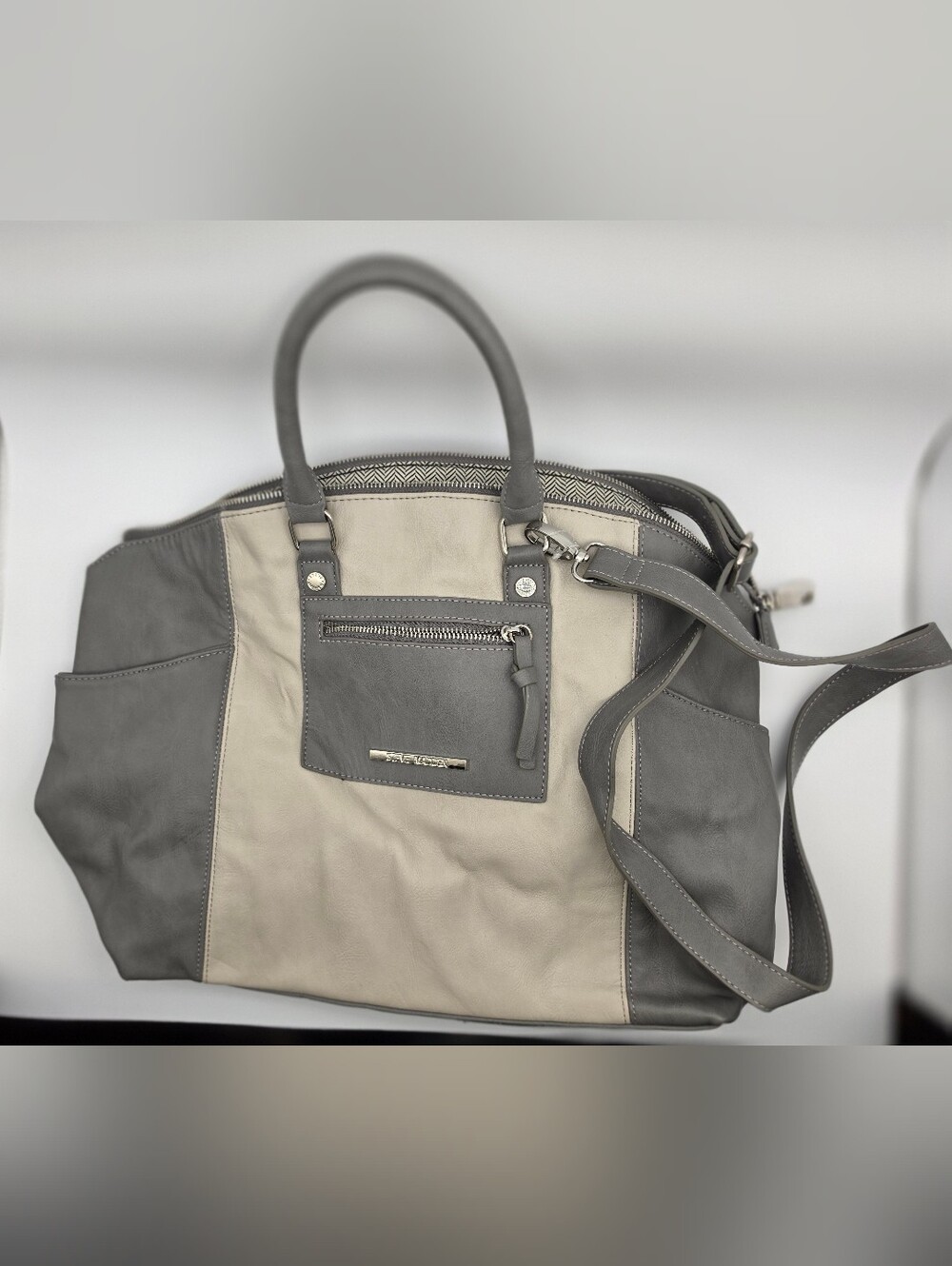Steve Madden Two-Tone Satchel Crossbody Bag Grey Beige